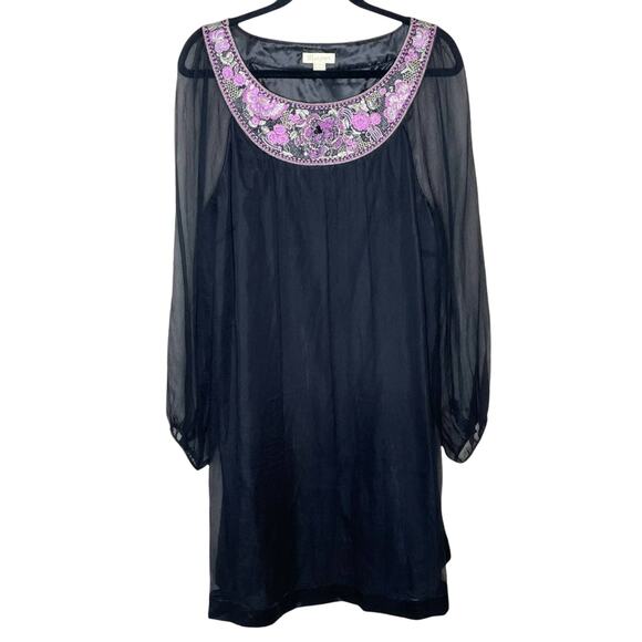 MONSOON black flowy sheer sleeve silk dress w/pink beading & embroidery size 18 - Picture 2 of 6